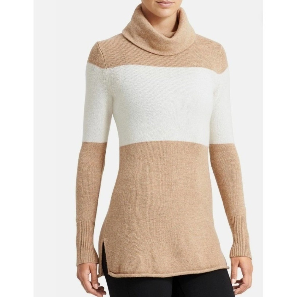 Athleta 100% Cashmere Cowl Neck Colorblock Tunic Sweater Brown Cream Medium